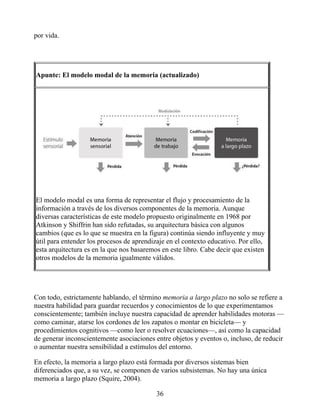 por vida.
Apunte: El modelo modal de la memoria (actualizado)
El modelo modal es una forma de representar el flujo y procesamiento de la
información a través de los diversos componentes de la memoria. Aunque
diversas características de este modelo propuesto originalmente en 1968 por
Atkinson y Shiffrin han sido refutadas, su arquitectura básica con algunos
cambios (que es lo que se muestra en la figura) continúa siendo influyente y muy
útil para entender los procesos de aprendizaje en el contexto educativo. Por ello,
esta arquitectura es en la que nos basaremos en este libro. Cabe decir que existen
otros modelos de la memoria igualmente válidos.
Con todo, estrictamente hablando, el término memoria a largo plazo no solo se refiere a
nuestra habilidad para guardar recuerdos y conocimientos de lo que experimentamos
conscientemente; también incluye nuestra capacidad de aprender habilidades motoras —
como caminar, atarse los cordones de los zapatos o montar en bicicleta— y
procedimientos cognitivos —como leer o resolver ecuaciones—, así como la capacidad
de generar inconscientemente asociaciones entre objetos y eventos o, incluso, de reducir
o aumentar nuestra sensibilidad a estímulos del entorno.
En efecto, la memoria a largo plazo está formada por diversos sistemas bien
diferenciados que, a su vez, se componen de varios subsistemas. No hay una única
memoria a largo plazo (Squire, 2004).
36
 
