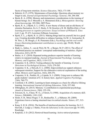 facets of long-term retention. Science Education, 70(2), 171-188.
Bahrick, H. P. (1979). Maintenance of knowledge: Questions about memory we
forgot to ask. Journal of Experimental Psychology: General, 108, 296-308.
Bjork, R. A. (1994). Memory and metamemory considerations in the training of
human beings. En J. Metcalfe y A. Shimamura (Eds.), Metacognition: Knowing
about knowing (pp. 185-206). MIT Press.
Bjork, R. A., y Bjork, E. L. (1992). A new theory of disuse and an old theory of
stimulus fluctuation. En A. F. Healy, S. M. Kosslyn y R. M. Shiffrin (Eds.), From
learning processes to cognitive processes: Essays in honor of William K. Estes
(vol. 2, pp. 35–67). Lawrence Erlbaum Associates.
Bjork, E. L., y Bjork, R. A. (2011). Making things hard on yourself, but in a good
way: Creating desirable difficulties to enhance learning. En M. A. Gernsacher, R.
W. Pew, L. M. Hough y J. R. Ponerantz (Eds.), Psychology and the real world:
Essays illustrating fundamental contributions to society, (pp. 59-68). Worth
Publishers.
Budé, L., Imbos, T., van de Wiel, M. W., y Berger, M. P. (2011). The effect of
distributed practice on students’ conceptual understanding of statistics. Higher
Education, 62(1), 69-79.
Butler, A. C. (2010). Repeated testing produces superior transfer of learning
relative to repeated studying. Journal of Experimental Psychology: Learning,
Memory, and Cognition, 36(5), 1118-1133.
Carpenter, S. K. (2012). Testing enhances the transfer of learning. Current
Directions in Psychological Science, 21(5), 279-283.
Carpenter, S. K., y DeLosh, E. L. (2006). Impoverished cue support enhances
subsequent retention: Support for the elaborative retrieval explanation of the testing
effect. Memory and Cognition, 34(2), 268-276.
Carpenter, S. K., Pashler, H., y Cepeda, N. J. (2009). Using tests to enhance 8th
grade students’ retention of U. S. history facts. Applied Cognitive Psychology,
23(6), 760-771.
Cornford, I. R. (2002). Learning-to-learn strategies as a basis for effective lifelong
learning. International Journal of Lifelong Education, 21(4), 357-368.
Ebbinghaus, H. (2013). Memory: A contribution to experimental psychology.
Annals of Neurosciences, 20(4), 155-156.
Ericsson, K. A., Chase, W. G., y Faloon, S. (1980). Acquisition of a memory skill.
Science, 208(4448), 1181-1182.
Hofer, S. B., Mrsic-Flogel, T. D., Bonhoeffer, T., y Hübener, M. (2009).
Experience leaves a lasting structural trace in cortical circuits. Nature, 457, 313-
317.
Kang, S. H. K. (2016). The benefits of interleaved practice for learning. En J. C.
Horvath, J. Lodge y J. Hattie, From the laboratory to the classroom (pp. 91-105).
Routledge.
Karpicke, J. D. (2012). Retrieval-based learning: Active retrieval promotes
79
 