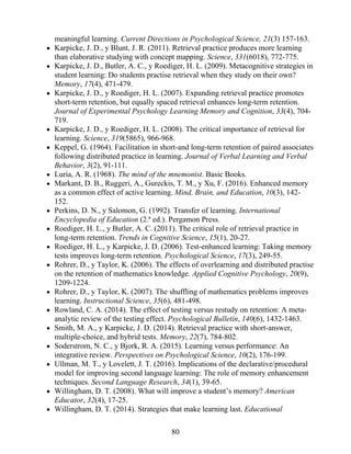 meaningful learning. Current Directions in Psychological Science, 21(3) 157-163.
Karpicke, J. D., y Blunt, J. R. (2011). Retrieval practice produces more learning
than elaborative studying with concept mapping. Science, 331(6018), 772-775.
Karpicke, J. D., Butler, A. C., y Roediger, H. L. (2009). Metacognitive strategies in
student learning: Do students practise retrieval when they study on their own?
Memory, 17(4), 471-479.
Karpicke, J. D., y Roediger, H. L. (2007). Expanding retrieval practice promotes
short-term retention, but equally spaced retrieval enhances long-term retention.
Journal of Experimental Psychology Learning Memory and Cognition, 33(4), 704-
719.
Karpicke, J. D., y Roediger, H. L. (2008). The critical importance of retrieval for
learning. Science, 319(5865), 966-968.
Keppel, G. (1964). Facilitation in short-and long-term retention of paired associates
following distributed practice in learning. Journal of Verbal Learning and Verbal
Behavior, 3(2), 91-111.
Luria, A. R. (1968). The mind of the mnemonist. Basic Books.
Markant, D. B., Ruggeri, A., Gureckis, T. M., y Xu, F. (2016). Enhanced memory
as a common effect of active learning. Mind, Brain, and Education, 10(3), 142-
152.
Perkins, D. N., y Salomon, G. (1992). Transfer of learning. International
Encyclopedia of Education (2.ª ed.). Pergamon Press.
Roediger, H. L., y Butler, A. C. (2011). The critical role of retrieval practice in
long-term retention. Trends in Cognitive Science, 15(1), 20-27.
Roediger, H. L., y Karpicke, J. D. (2006). Test-enhanced learning: Taking memory
tests improves long-term retention. Psychological Science, 17(3), 249-55.
Rohrer, D., y Taylor, K. (2006). The effects of overlearning and distributed practise
on the retention of mathematics knowledge. Applied Cognitive Psychology, 20(9),
1209-1224.
Rohrer, D., y Taylor, K. (2007). The shuffling of mathematics problems improves
learning. Instructional Science, 35(6), 481-498.
Rowland, C. A. (2014). The effect of testing versus restudy on retention: A meta-
analytic review of the testing effect. Psychological Bulletin, 140(6), 1432-1463.
Smith, M. A., y Karpicke, J. D. (2014). Retrieval practice with short-answer,
multiple-choice, and hybrid tests. Memory, 22(7), 784-802.
Soderstrom, N. C., y Bjork, R. A. (2015). Learning versus performance: An
integrative review. Perspectives on Psychological Science, 10(2), 176-199.
Ullman, M. T., y Lovelett, J. T. (2016). Implications of the declarative/procedural
model for improving second language learning: The role of memory enhancement
techniques. Second Language Research, 34(1), 39-65.
Willingham, D. T. (2008). What will improve a student’s memory? American
Educator, 32(4), 17-25.
Willingham, D. T. (2014). Strategies that make learning last. Educational
80
 
