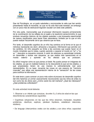 Universidad Pedagógica Nacional
Sede regional 211-3
Huauchinango
Licenciatura en Psicología Educativa
Que tal Psicólogos, es un gusto saludarles y reconocerles la valía que han venido
presentando hasta el momento, se que no ha sido fácil este transitar, sin embargo
con un poco más de dedicación lograrán escalar con éxito este peldaño.
Por otra parte, mencionarles que el procesar información requiere primeramente
de la coordinación de los reflejos de un sujeto y la repetición sensoriomotriz, lo que
produce recuerdos básicos de los objetos ausentes y una búsqueda experimental
de nuevos significados para lograr fines placenteros, limitado por lo que el niño
puede realizar físicamente de lo que observa que se hace.
Por tanto, el desarrollo cognitivo de un niño hay cambios en la forma en la que el
individuo representa (es decir, almacena y recupera), información que percibe con
los sentidos. Un niño pequeño se limita a las acciones que puede hacer en el
mundo inmediato que lo rodea, cuando aprende a separar el mundo en "yo" y "no
yo ", descubre su esquema corporal. A partir de entonces su aprendizaje consiste
en desarrollar y revisar ese esquema, ya que realiza más operaciones en el
mundo exterior y aprende de los efectos que se producen.
Es difícil imaginar cómo es que piensa un bebé. No puede pensar en imágenes de
los objetos, ya que en realidad todavía no ha descubierto lo que son los objetos, o
qué propiedades tienen de una manera lo suficientemente real para
representarlos. En su lugar, recuerda las cosas en una especie de "memoria
muscular" que utiliza una representación interna de la "sensación" de las cosas
para codificar la información.
En este tenor y para conocer un poco más sobre el proceso de desarrollo cognitivo
del niño haremos un primer acercamiento reconociendo que los niños de antes no
son como los de ahora pero ¿Cómo serán los del mañana? ¿Qué les interesara?
¿Qué problemas enfrentarán?
En esta actividad inicial deberás:
1. Observar a un infante que conozcas, de entre 0 y 3 años de edad en las que
describirás las características siguientes:
• Cognitivas (situaciones en las que los niños observan, manipulan, resuelven
problemas, clasifican, explican, plantean hipótesis, establecen relaciones,
etcétera).
• De lenguaje (intercambios orales con los adultos y con otros niños; capacidad
 