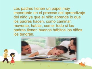 Los padres tienen un papel muy
importante en el proceso del aprendizaje
del niño ya que el niño aprende lo que
los padres hacen, como caminar,
moverse, hablar, comer todo si los
padres tienen buenos hábitos los niños
los tendrán.
 