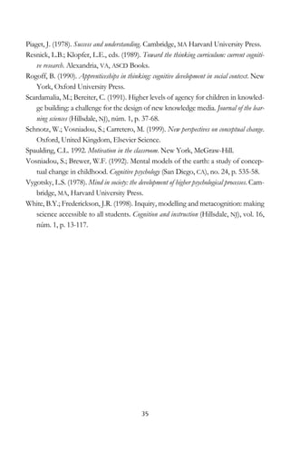 Piaget, J. (1978). Success and understanding. Cambridge, MA Harvard University Press.
Resnick, L.B.; Klopfer, L.E., eds. (1989). Toward the thinking curriculum: current cognitive research. Alexandria, VA, ASCD Books.
Rogoff, B. (1990). Apprenticeships in thinking: cognitive development in social context. New
York, Oxford University Press.
Scardamalia, M.; Bereiter, C. (1991). Higher levels of agency for children in knowledge building: a challenge for the design of new knowledge media. Journal of the learning sciences (Hillsdale, NJ), núm. 1, p. 37-68.
Schnotz, W.; Vosniadou, S.; Carretero, M. (1999). New perspectives on conceptual change.
Oxford, United Kingdom, Elsevier Science.
Spaulding, C.L. 1992. Motivation in the classroom. New York, McGraw-Hill.
Vosniadou, S.; Brewer, W.F. (1992). Mental models of the earth: a study of conceptual change in childhood. Cognitive psychology (San Diego, CA), no. 24, p. 535-58.
Vygotsky, L.S. (1978). Mind in society: the development of higher psychological processes. Cambridge, MA, Harvard University Press.
White, B.Y.; Frederickson, J.R. (1998). Inquiry, modelling and metacognition: making
science accessible to all students. Cognition and instruction (Hillsdale, NJ), vol. 16,
núm. 1, p. 13-117.

35

 