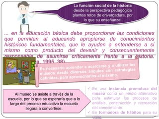 ... en la educación básica debe proporcionar las condiciones
que permitan al educando apropiarse de conocimientos
históricos fundamentales, que le ayuden a entenderse a sí
mismo como producto del devenir y consecuentemente
responsable de asumirse críticamente frente a la historia.
(Tirado Segura, 1995, 38).

Al museo se asiste a través de la
escuela, por lo que se esperaría que a lo
largo del proceso educativo la escuela
llegara a convertirse:

 En una instancia promotora del
museo como un medio alternativo
para estimular los procesos de
análisis, construcción y recreación
del conocimiento.
 En formadora de hábitos para su
visita.

 