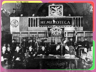 31 08 1932
Se inaugura el Departamento de
Prensa, mejorando el servicio y
por consecuencia el numero de
usuarios. Se logró encuadernar
más de 15 mil ejemplares, entre
libros, diarios y revistas para su
mejor conservación. Sin embargo
la labor de Ledesma no fue
continuada por sus sucesores y el
material sufrió un grave abandono.

1967
El Consejo Universitario de la
UNAM creó el Instituto de
Investigaciones
Bibliográficas, quedando
administrativamente bajo su
resguardo la Biblioteca y
Hemeroteca Nacional. El
crecimiento del acervo provocó
que se acondicionara un
espacio funcional dentro de la
Ciudad Universitaria.

1942
El rector de la Universidad, Rodulfo Brito
Foucher se dio cuenta del lamentable
estado de los materiales, grandes
cantidades de diarios estaban hacinados
en el piso por falta de muebles. Por lo
tanto presentó al concejo un proyecto
para el traslado del material
hemerográfico hacia la antigua Iglesia de
San Pedro y San Pablo. El arquitecto
Alfonso Pallares se encargó de la
adaptación del tempo.

28 03 1944
El rector Brito con apoyo del presidente
Manuel Ávila Camacho, el Secretario de
Educación Pública Jaime Torres Bodet y el
director de la Biblioteca Nacional José
Vasconcelos, inauguró solemnemente la
Hemeroteca Nacional. Contenía 30 mil 225
volúmenes empastados con diarios y
revistas nacionales y extranjeros. El primer
director ilustre fue Rafael Carrasco
Puente.

 