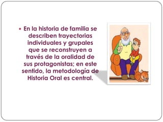  En la historia de familia se

describen trayectorias
individuales y grupales
que se reconstruyen a
través de la oralidad de
sus protagonistas; en este
sentido, la metodología de
Historia Oral es central.

 