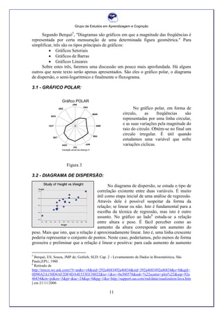 Grupo de Estudos em Aprendizagem e Cognição
11
Segundo Berquó5
, "Diagramas são gráficos em que a magnitude das freqüências é
representada por certa mensuração de uma determinada figura geométrica." Para
simplificar, três são os tipos principais de gráficos:
 Gráficos Setoriais
 Gráficos de Barras
 Gráficos Lineares
Sobre estes três, faremos uma discussão um pouco mais aprofundada. Há alguns
outros que neste texto serão apenas apresentados. São eles o gráfico polar, o diagrama
de dispersão, o semi-logaritmico e finalmente o fluxograma.
3.1 - GRÁFICO POLAR:
No gráfico polar, em forma de
círculo, as freqüências são
representadas por uma linha circular,
e as suas variações pela magnitude do
raio do circulo. Obtém-se no final um
circulo irregular. É útil quando
estudamos uma variável que sofre
variações cíclicas.
Figura 3
3.2 - DIAGRAMA DE DISPERSÃO:
No diagrama de dispersão, se estuda o tipo de
correlação existente entre duas variáveis. É muito
útil como etapa inicial de uma análise de regressão.
Através dele é possível suspeitar da forma da
relação; se linear ou não. Isto é fundamental para a
escolha da técnica de regressão, mas isto é outro
assunto. No gráfico ao lado6
estuda-se a relação
entre altura e peso. É fácil perceber como ao
aumento da altura corresponde um aumento do
peso. Mais que isto, que a relação é aproximadamente linear. Isto é, uma linha crescente
poderia representar o conjunto de pontos. Neste caso, poderíamos, pelo menos de forma
grosseira e preliminar que a relação é linear e positiva: para cada aumento de aumento
5
Berquó, ES; Souza, JMP de; Gotlieb, SLD: Cap. 2 - Levantamento de Dados in Bioestatística, São
Paulo,EPU, 1980
6
Retirado de
http://tmsyn.wc.ask.com/r?t=an&s=v8&uid=292a4683492a46834&sid=392a4683492a46834&o=0&qid=
0D90A2A150D4AF2DF4DA4E533EE38022&io=1&sv=0a300578&ask=%22scatter+plot%22&uip=92a
46834&en=pi&eo=3&pt=&ac=24&qs=0&pg=1&u=http://support.sas.com/rnd/datavisualization/Java.htm
l em 21/11/2006
JAN
FEV
MAR
ABR
MAI
JUN
JUL
AGO
SET
OUT
NOV
DEZ
Variação anual da doença X
Gráfico POLAR
 