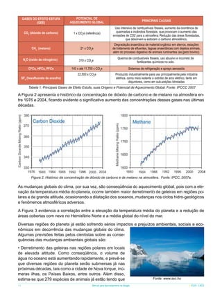 Gases do Efeito Estufa
(GEE)

Potencial de
Aquecimento Global

Principais Causas

CO2 (dióxido de carbono)

1 x CO2e (referência)

Uso intensivo de combustíveis fósseis, aumento da ocorrência de
queimadas e incêndios florestais, que provocam o aumento das
emissões de CO2 para a atmosfera; Redução das áreas florestadas,
que absorvem e estocam o carbono atmosférico.

CH4 (metano)

21 x CO2e

Degradação anaeróbica de material orgânico em aterros, estações
de tratamento de efluentes, lagoas anaeróbicas com dejetos animais,
além do processo digestivo de animais ruminantes (ex:gado bovino).

N2O (óxido de nitrogênio)

310 x CO2e

Queima de combustíveis fósseis, uso abusivo e incorreto de
fertilizantes químicos no solo.

CFCs, HFCs, PFCs

140 x até 11.700 x CO2e

Sistemas de refrigeração e sprays aerossóis

22.500 x CO2e

Produzido industrialmente para uso principalmente pela indústria
elétrica, como meio isolante e extintor de arco elétrico, tanto em
disjuntores, como em sub-estções blindadas

SF6 (hexafluoreto de enxofre)

Tabela 1. Principais Gases de Efeito Estufa, suas Origens e Potencial de Aquecimento Global. Fonte: IPCCC 2007

A Figura 2 apresenta o histórico da concentração de dióxido de carbono e de metano na atmosfera entre 1976 e 2004, ficando evidente o significativo aumento das concentrações desses gases nas últimas
décadas.

Figura 2. Histórico da concentração de dióxido de carbono e de metano na atmosfera. Fonte: IPCC, 2007a.

As mudanças globais do clima, por sua vez, são conseqüência do aquecimento global, pois com a elevação da temperatura média do planeta, ocorre também maior derretimento de geleiras em regiões polares e de grande altitude, ocasionando a dilatação dos oceanos, mudanças nos ciclos hidro-geológicos
e fenômenos atmosféricos adversos.
A Figura 3 evidencia a correlação entre a elevação da temperatura média do planeta e a redução de
áreas cobertas com neve no Hemisfério Norte e a média global do nível do mar.
Diversas regiões do planeta já estão sofrendo sérios impactos e prejuízos ambientais, sociais e econômicos em decorrência das mudanças globais do clima.
Algumas previsões feitas pelos cientistas sobre as consequências das mudanças ambientais globais são:
• Derretimento das geleiras nas regiões polares em locais
de elevada altitude. Como conseqüência, o volume de
água no oceano está aumentando rapidamente, e prevê-se
que diversas regiões do planeta serão submersas já nas
próximas décadas, tais como a cidade de Nova Iorque, inúmeras ilhas, os Países Baixos, entre outros. Além disso,
estima-se que 279 espécies de animais já estão tendo que
14

Manual para Aproveitamento de Biogás

Fonte: www.sxc.hu
ICLEI - LACS

 