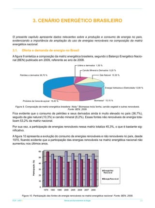 3. CENÁRIO ENERGÉTICO BRASILEIRO
O presente capítulo apresenta dados relevantes sobre a produção e consumo de energia no país,
evidenciando a importância da ampliação do uso de energias renováveis na composição da matriz
energética nacional.

3.1.	

Oferta e demanda de energia no Brasil

A figura 9 sintetiza a composição da matriz energética brasileira, segundo o Balanço Energético Nacional (BEN) publicado em 2009, referente ao ano de 2008.
Urânio e derivados 1,50 %
Carvão Mineral e Derivados 6,20 %
Gás Natural 10,30 %

Petróleo e derivados 36,70 %

Energia hidráulica e Eletricidade 13,80 %

Biomassa* 15,10 %

Produtos da Cana-de-açúcar 16,40 %

Figura 9. Composição da matriz energética brasileira Nota:* Biomassa inclui lenha, carvão vegetal e outras renováveis.
Fonte: BEN, 2009.

Fica evidente que o consumo de petróleo e seus derivados ainda é muito elevado no país (36,7%),
seguido de gás natural (10,3%) e carvão mineral (6,2%). Essas fontes não renováveis de energia totalizam 53,2% da matriz nacional.
Por sua vez, a participação de energias renováveis nessa matriz totaliza 45,3%, o que é bastante significativo.
A figura 10 apresenta a evolução do consumo de energias renováveis e não renováveis no país, desde
1970, ficando evidente que a participação das energias renováveis na matriz energética nacional não
aumentou nos últimos anos.

Figura 10. Participação das fontes de energia renováveis na matriz energética nacional Fonte: BEN, 2009.
ICLEI - LACS

Manual para Aproveitamento de Biogás

23

 