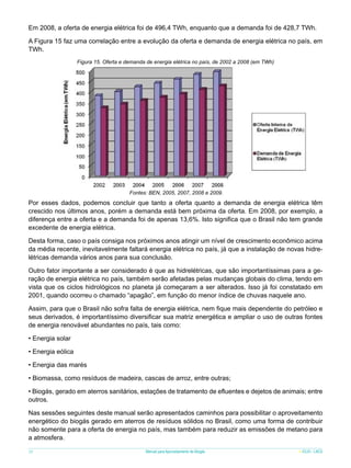Em 2008, a oferta de energia elétrica foi de 496,4 TWh, enquanto que a demanda foi de 428,7 TWh.
A Figura 15 faz uma correlação entre a evolução da oferta e demanda de energia elétrica no país, em
TWh.
Figura 15. Oferta e demanda de energia elétrica no país, de 2002 a 2008 (em TWh)

Fontes: BEN, 2005, 2007, 2008 e 2009.

Por esses dados, podemos concluir que tanto a oferta quanto a demanda de energia elétrica têm
crescido nos últimos anos, porém a demanda está bem próxima da oferta. Em 2008, por exemplo, a
diferença entre a oferta e a demanda foi de apenas 13,6%. Isto significa que o Brasil não tem grande
excedente de energia elétrica.
Desta forma, caso o país consiga nos próximos anos atingir um nível de crescimento econômico acima
da média recente, inevitavelmente faltará energia elétrica no país, já que a instalação de novas hidrelétricas demanda vários anos para sua conclusão.
Outro fator importante a ser considerado é que as hidrelétricas, que são importantíssimas para a geração de energia elétrica no país, também serão afetadas pelas mudanças globais do clima, tendo em
vista que os ciclos hidrológicos no planeta já começaram a ser alterados. Isso já foi constatado em
2001, quando ocorreu o chamado “apagão”, em função do menor índice de chuvas naquele ano.
Assim, para que o Brasil não sofra falta de energia elétrica, nem fique mais dependente do petróleo e
seus derivados, é importantíssimo diversificar sua matriz energética e ampliar o uso de outras fontes
de energia renovável abundantes no país, tais como:
• Energia solar
• Energia eólica
• Energia das marés
• Biomassa, como resíduos de madeira, cascas de arroz, entre outras;
• Biogás, gerado em aterros sanitários, estações de tratamento de efluentes e dejetos de animais; entre
outros.
Nas sessões seguintes deste manual serão apresentados caminhos para possibilitar o aproveitamento
energético do biogás gerado em aterros de resíduos sólidos no Brasil, como uma forma de contribuir
não somente para a oferta de energia no país, mas também para reduzir as emissões de metano para
a atmosfera.
26

Manual para Aproveitamento de Biogás

ICLEI - LACS

 