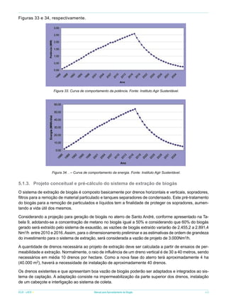Figuras 33 e 34, respectivamente.

Figura 33. Curva de comportamento da potência. Fonte: Instituto Agir Sustentável.

Figura 34. . – Curva de comportamento da energia. Fonte: Instituto Agir Sustentável.

5.1.3.	 Projeto conceitual e pré-cálculo do sistema de extração de biogás
O sistema de extração de biogás é composto basicamente por drenos horizontais e verticais, sopradores,
filtros para a remoção de material particulado e tanques separadores de condensado. Este pré-tratamento
do biogás para a remoção de particulados e líquidos tem a finalidade de proteger os sopradores, aumentando a vida útil dos mesmos.
Considerando a projeção para geração de biogás no aterro de Santo André, conforme apresentado na Tabela 9, adotando-se a concentração de metano no biogás igual a 50% e considerando que 60% do biogás
gerado será extraído pelo sistema de exaustão, as vazões de biogás extraído variarão de 2.455,2 a 2.891,4
Nm3/h entre 2010 e 2016. Assim, para o dimensionamento preliminar e as estimativas de ordem de grandeza
do investimento para o sistema de extração, será considerada a vazão de projeto de 3.000Nm3/h.
A quantidade de drenos necessária ao projeto de extração deve ser calculada a partir de ensaios de permeabilidade e extração. Normalmente, o raio de influência de um dreno vertical é de 30 a 40 metros, sendo
necessários em média 10 drenos por hectare. Como a nova fase do aterro terá aproximadamente 4 ha
(40.000 m2), haverá a necessidade de instalação de aproximadamente 40 drenos.
Os drenos existentes e que apresentam boa vazão de biogás poderão ser adaptados e integrados ao sistema de captação. A adaptação consiste na impermeabilização da parte superior dos drenos, instalação
de um cabeçote e interligação ao sistema de coleta.
ICLEI - LACS

Manual para Aproveitamento de Biogás

43

 