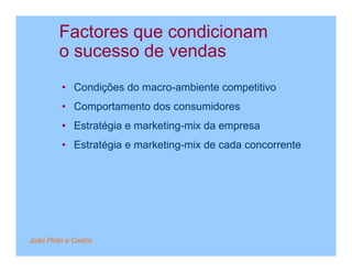Factores que condicionam
         o sucesso de vendas
         • Condições do macro-ambiente competitivo
         • Comportamento dos consumidores
         • Estratégia e marketing-mix da empresa
         • Estratégia e marketing-mix de cada concorrente




João Pinto e Castro
 