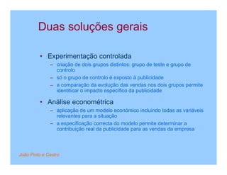 Duas soluções gerais

         • Experimentação controlada
              – criação de dois grupos distintos: grupo de teste e grupo de
                controlo
              – só o grupo de controlo é exposto à publicidade
              – a comparação da evolução das vendas nos dois grupos permite
                identiticar o impacto específico da publicidade

         • Análise econométrica
              – aplicação de um modelo económico incluindo todas as variáveis
                relevantes para a situação
              – a especificação correcta do modelo permite determinar a
                contribuição real da publicidade para as vendas da empresa



João Pinto e Castro
 