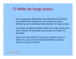 O efeito de longo prazo

         • Uma segunda dificuldade na avaliação da eficácia
           da publicidade resulta de uma parte dos seus
           efeitos só se manifestar plenamente no longo prazo
         • A própria existência deste efeito de longo prazo tem
           sido objecto de grandes discussões ao longo de
           décadas
         • Será que ele existe? E como se relaciona com o
           efeito de curto prazo? Nomeadamente, poderá
           existir um sem o outro?



João Pinto e Castro
 