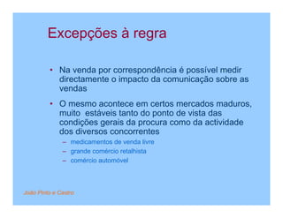Excepções à regra

         • Na venda por correspondência é possível medir
           directamente o impacto da comunicação sobre as
           vendas
         • O mesmo acontece em certos mercados maduros,
           muito estáveis tanto do ponto de vista das
           condições gerais da procura como da actividade
           dos diversos concorrentes
              – medicamentos de venda livre
              – grande comércio retalhista
              – comércio automóvel



João Pinto e Castro
 