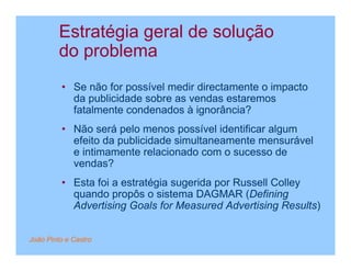 Estratégia geral de solução
         do problema
         • Se não for possível medir directamente o impacto
           da publicidade sobre as vendas estaremos
           fatalmente condenados à ignorância?
         • Não será pelo menos possível identificar algum
           efeito da publicidade simultaneamente mensurável
           e intimamente relacionado com o sucesso de
           vendas?
         • Esta foi a estratégia sugerida por Russell Colley
           quando propôs o sistema DAGMAR (Defining
           Advertising Goals for Measured Advertising Results)


João Pinto e Castro
 