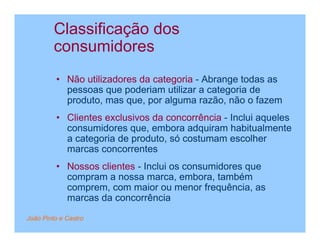 Classificação dos
         consumidores
         • Não utilizadores da categoria - Abrange todas as
           pessoas que poderiam utilizar a categoria de
           produto, mas que, por alguma razão, não o fazem
         • Clientes exclusivos da concorrência - Inclui aqueles
           consumidores que, embora adquiram habitualmente
           a categoria de produto, só costumam escolher
           marcas concorrentes
         • Nossos clientes - Inclui os consumidores que
           compram a nossa marca, embora, também
           comprem, com maior ou menor frequência, as
           marcas da concorrência

João Pinto e Castro
 