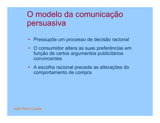 O modelo da comunicação
         persuasiva
         • Pressupõe um processo de decisão racional
         • O consumidor altera as suas preferências em
           função de certos argumentos publicitários
           convincentes
         • A escolha racional precede as alterações do
           comportamento de compra




João Pinto e Castro
 