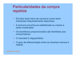Particularidades da compra
         repetida
         • Envolve tanto bens de consumo como bens
           industriais frequentemente adquiridos
         • A procura encontra-se estabilizada ou cresce a
           taxas moderadas
         • Os benefícios proporcionados são familiares aos
           consumidores
         • O mercado é oligopolístico
         • O grau de diferenciação entre as diversas marcas é
           restrito

João Pinto e Castro
 