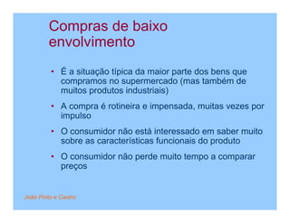 Compras de baixo
         envolvimento
         • É a situação típica da maior parte dos bens que
           compramos no supermercado (mas também de
           muitos produtos industriais)
         • A compra é rotineira e impensada, muitas vezes por
           impulso
         • O consumidor não está interessado em saber muito
           sobre as características funcionais do produto
         • O consumidor não perde muito tempo a comparar
           preços


João Pinto e Castro
 