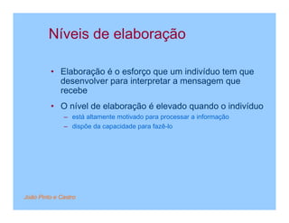 Níveis de elaboração

         • Elaboração é o esforço que um indivíduo tem que
           desenvolver para interpretar a mensagem que
           recebe
         • O nível de elaboração é elevado quando o indivíduo
              – está altamente motivado para processar a informação
              – dispõe da capacidade para fazê-lo




João Pinto e Castro
 