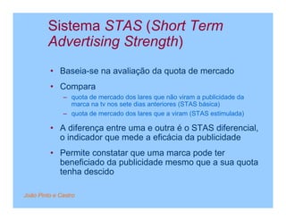 Sistema STAS (Short Term
         Advertising Strength)
         • Baseia-se na avaliação da quota de mercado
         • Compara
              – quota de mercado dos lares que não viram a publicidade da
                marca na tv nos sete dias anteriores (STAS básica)
              – quota de mercado dos lares que a viram (STAS estimulada)

         • A diferença entre uma e outra é o STAS diferencial,
           o indicador que mede a eficácia da publicidade
         • Permite constatar que uma marca pode ter
           beneficiado da publicidade mesmo que a sua quota
           tenha descido

João Pinto e Castro
 