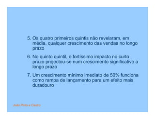 5. Os quatro primeiros quintis não revelaram, em
            média, qualquer crescimento das vendas no longo
            prazo
         6. No quinto quintil, o fortíssimo impacto no curto
            prazo projectou-se num crescimento significativo a
            longo prazo
         7. Um crescimento mínimo imediato de 50% funciona
            como rampa de lançamento para um efeito mais
            duradouro



João Pinto e Castro
 