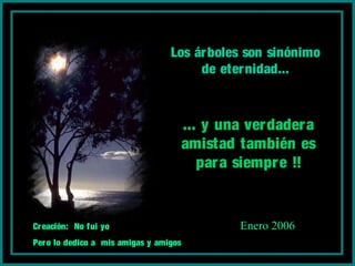 Los árboles son sinónimo
de eternidad...
... y una verdadera
amistad también es
para siempre !!
Creación: No fui yo
Pero lo dedico a mis amigas y amigos
Enero 2006