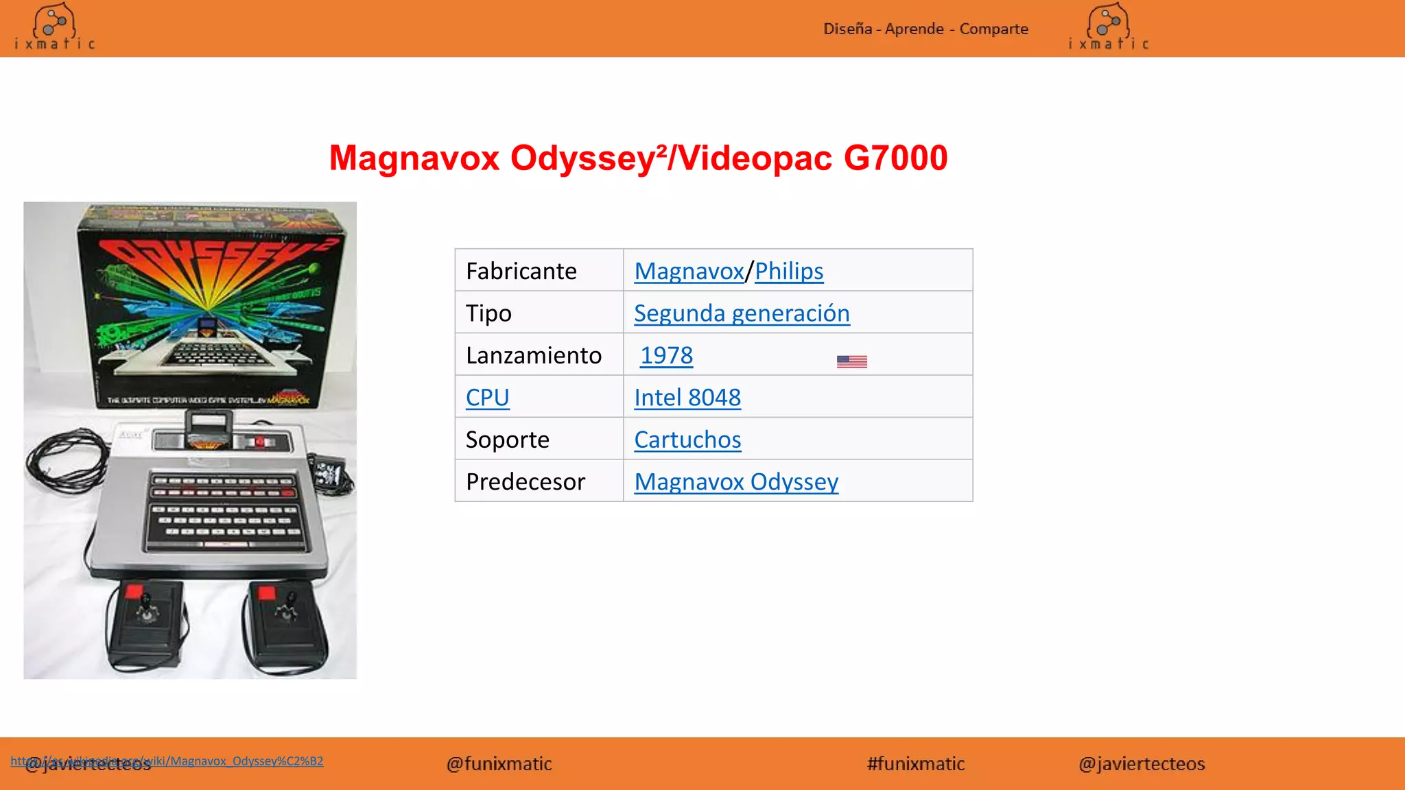 Fabricante Magnavox/Philips
Tipo Segunda generación
Lanzamiento 1978
CPU Intel 8048
Soporte Cartuchos
Predecesor Magnavox Odyssey
Magnavox Odyssey²/Videopac G7000
https://es.wikipedia.org/wiki/Magnavox_Odyssey%C2%B2
 