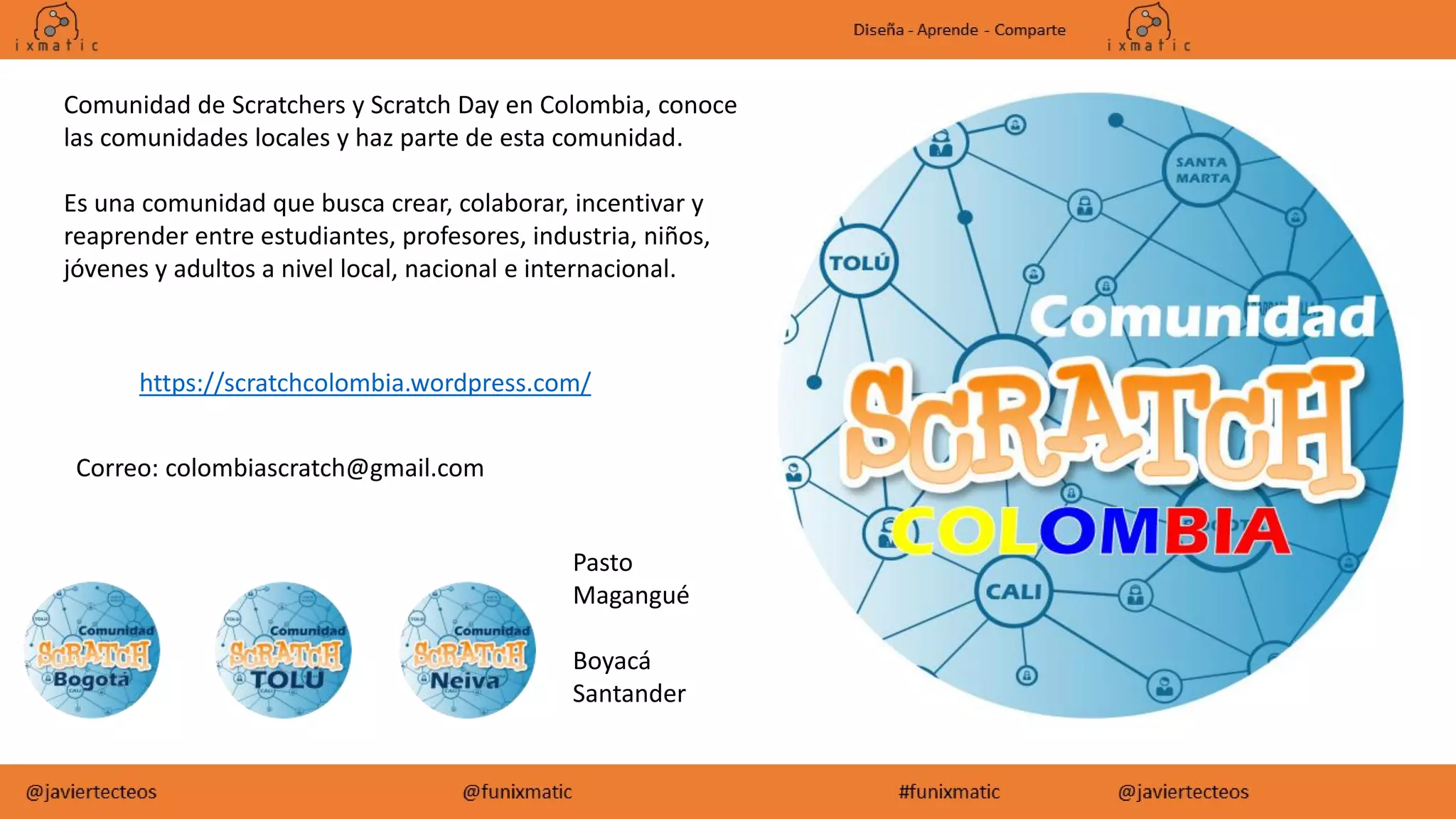 https://scratchcolombia.wordpress.com/
Comunidad de Scratchers y Scratch Day en Colombia, conoce
las comunidades locales y haz parte de esta comunidad.
Es una comunidad que busca crear, colaborar, incentivar y
reaprender entre estudiantes, profesores, industria, niños,
jóvenes y adultos a nivel local, nacional e internacional.
Pasto
Magangué
Boyacá
Santander
Correo: colombiascratch@gmail.com
 