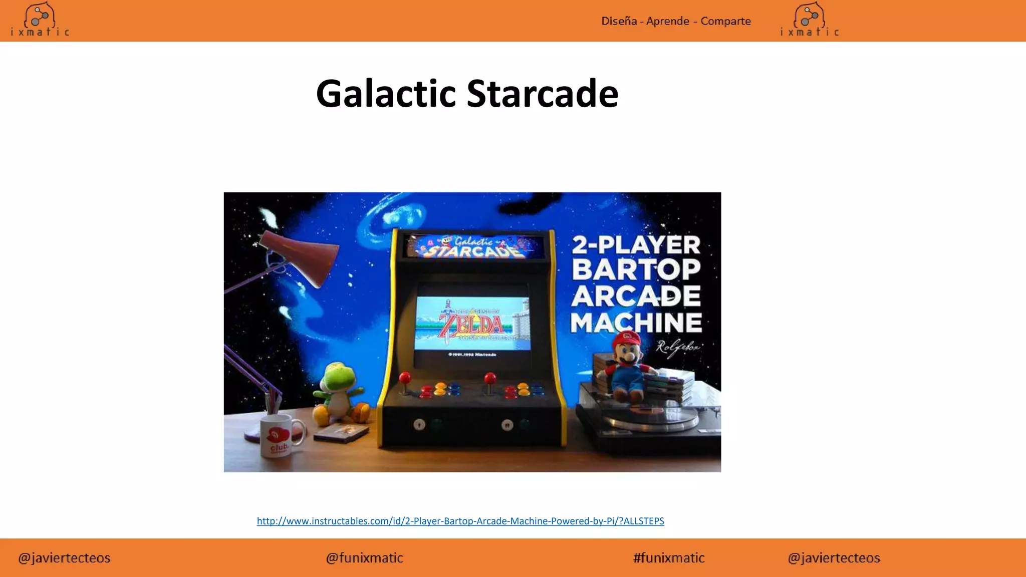 http://www.instructables.com/id/2-Player-Bartop-Arcade-Machine-Powered-by-Pi/?ALLSTEPS
Galactic Starcade
 