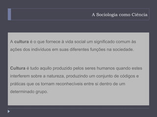 A Sociologia como Ciência




A cultura é o que fornece à vida social um significado comum às
ações dos indivíduos em suas diferentes funções na sociedade.



Cultura é tudo aquilo produzido pelos seres humanos quando estes
interferem sobre a natureza, produzindo um conjunto de códigos e
práticas que os tornam reconhecíveis entre si dentro de um
determinado grupo.
 