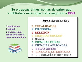 Se o buscas ti mesmo has de saber que
a biblioteca está organizada segundo a CDU
Clasificación
Decimal
Universal que
orden...
