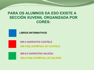 PARA OS ALUMNOS DA ESO EXISTE A
SECCIÓN XUVENIL ORGANIZADA POR
CORES:
LIBROS INFORMATIVOS
860-3 NARRATIVA CASTELÁ860-3 NARRATIVA CASTELÁ
869.9-3 NARRATIVA GALEGA869.9-3 NARRATIVA GALEGA
860 (100) UNIVERSAL EN CASTELÁ860 (100) UNIVERSAL EN CASTELÁ
869.9 (100) UNIVERSAL EN GALEGO869.9 (100) UNIVERSAL EN GALEGO
 