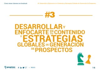 1 6
Como atraer clientes con facebook
I ÍNDICE
marketing digital
#3 Desarrollar y Enfocarte en tu Contenido y Estrategias Globales de Generación de Prospectos
DESARROLLAR
ENFOCARTE CONTENIDO
ESTRATEGIASGLOBALES GENERACIÓN
PROSPECTOS
TU
Y
Y
DE
DE
EN
#3
 