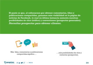 3 8
#4 Impulsar la creación de valor: Qué clase de contenido crear y compartir en FacebookComo atraer clientes con facebook
I ÍNDICE
marketing digital
El punto es que, al esforzarnos por obtener comentarios, likes y
publicaciones compartidas, ganamos más visibilidad en la página de
noticias de Facebook, lo cual en última instancia aumenta nuestras
posibilidades de clics (tráfico) y conversiones (prospectos generados).
Necesitas prospectos para obtener clientes.
Más likes, comentarios y publicaciones
compartidas significa …
….más posibilidades de clics y
contactos (prospectos).
 