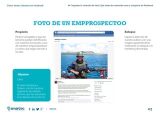 4 2
#4 Impulsar la creación de valor: Qué clase de contenido crear y compartir en FacebookComo atraer clientes con facebook
I ÍNDICE
marketing digital
FOTO DE UN EMPPROSPECTOO
Propósito
Parecer amigables y que los
lectores puedan identificarse
con nosotros honrando a uno
de nuestros empprospectoos
y a otros que hayan servido a
su país.
Enfoque
Captar la atención de
nuestro público con una
imagen aparentemente
irrelevante a HubSpot o el
marketing de entrada.
Objetivo
Likes.
El texto introduce a
Shawn, uno de nuestros
ingenieros de soporte
técnico, que fue voluntario
en la Marina de los EE.UU.
 