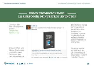 5 5
#5 Maximizar la Adquisición de Clientes con PublicidadComo atraer clientes con facebook
I ÍNDICE
marketing digital
CÓMO PROMOCIONAMOS:
LA ANATOMÍA DE NUESTROS ANUNCIOS
La imagen debe
tener una proporción
de 1.91:1
(idealmente
1200x627 px).
El texto tiene menos
de 90 caracteres
para que no sea
truncado en
cualquier lugar de
la plataforma de
Facebook donde
decidamos colocar
el anuncio.
Enlaces URL a una
página de aterrizaje
que contenga un
formulario para
descargar el ebook.
Título del enlace
no tiene más de
25 caracteres y la
descripción no tiene
más de 3 líneas.
 