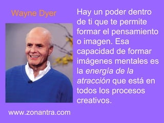 Wayne Dyer         Hay un poder dentro
                   de ti que te permite
                   formar el pensamiento
                   o imagen. Esa
                   capacidad de formar
                   imágenes mentales es
                   la energía de la
                   atracción que está en
                   todos los procesos
                   creativos.
www.zonantra.com
 