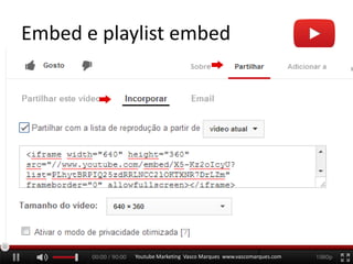 Embed e playlist embed
Youtube Marketing Vasco Marques www.vascomarques.com
7
 