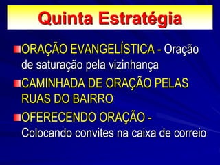 Quinta Estratégia
ORAÇÃO EVANGELÍSTICA - Oração
de saturação pela vizinhança
CAMINHADA DE ORAÇÃO PELAS
RUAS DO BAIRRO
OFER...