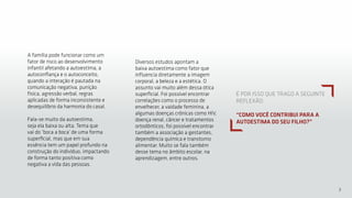 3
A família pode funcionar como um
fator de risco ao desenvolvimento
infantil afetando a autoestima, a
autoconfiança e o autoconceito,
quando a interação é pautada na
comunicação negativa, punição
física, agressão verbal, regras
aplicadas de forma inconsistente e
desequilíbrio da harmonia do casal.
Fala-se muito da autoestima,
seja ela baixa ou alta. Tema que
vai do ‘boca a boca’ de uma forma
superficial, mas que em sua
essência tem um papel profundo na
construção do indivíduo, impactando
de forma tanto positiva como
negativa a vida das pessoas.
Diversos estudos apontam a
baixa autoestima como fator que
influencia diretamente a imagem
corporal, a beleza e a estética. O
assunto vai muito além dessa ótica
superficial. Foi possível encontrar
correlações como o processo de
envelhecer, a vaidade feminina, a
algumas doenças crônicas como HIV,
doença renal, câncer e tratamentos
ortodônticos, foi possível encontrar
também a associação a gestantes,
dependência química e transtorno
alimentar. Muito se fala também
desse tema no âmbito escolar, na
aprendizagem, entre outros.
É POR ISSO QUE TRAGO A SEGUINTE
REFLEXÃO:
“COMO VOCÊ CONTRIBUI PARA A
AUTOESTIMA DO SEU FILHO?”
 