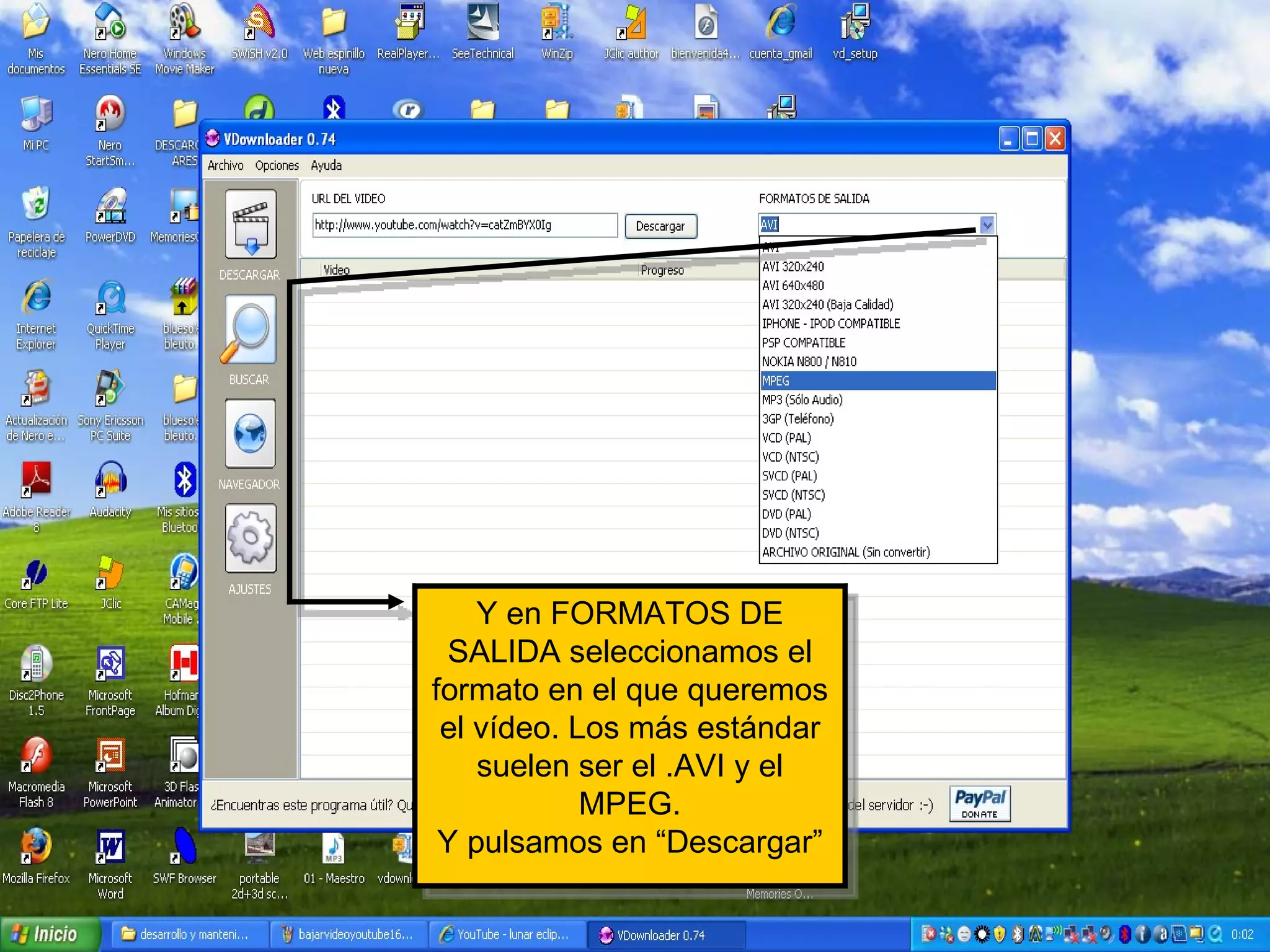 Y en FORMATOS DE SALIDA seleccionamos el formato en el que queremos el vídeo. Los más estándar suelen ser el .AVI y el MPEG. Y pulsamos en “Descargar” 