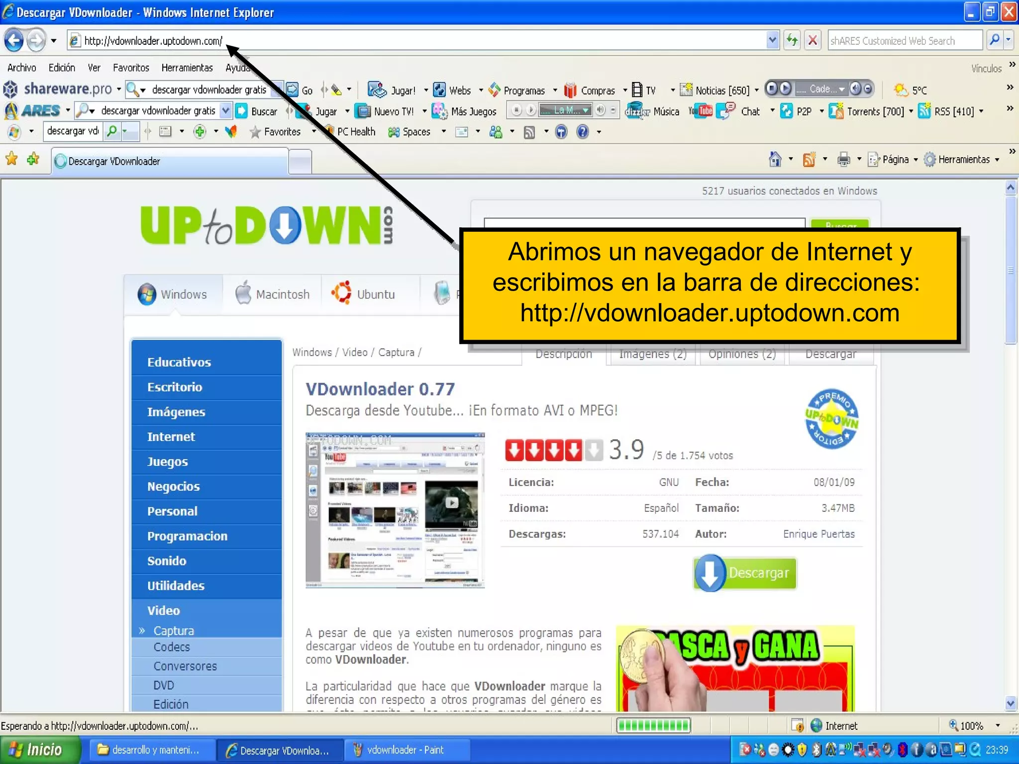 Abrimos un navegador de Internet y escribimos en la barra de direcciones:  http://vdownloader.uptodown.com 