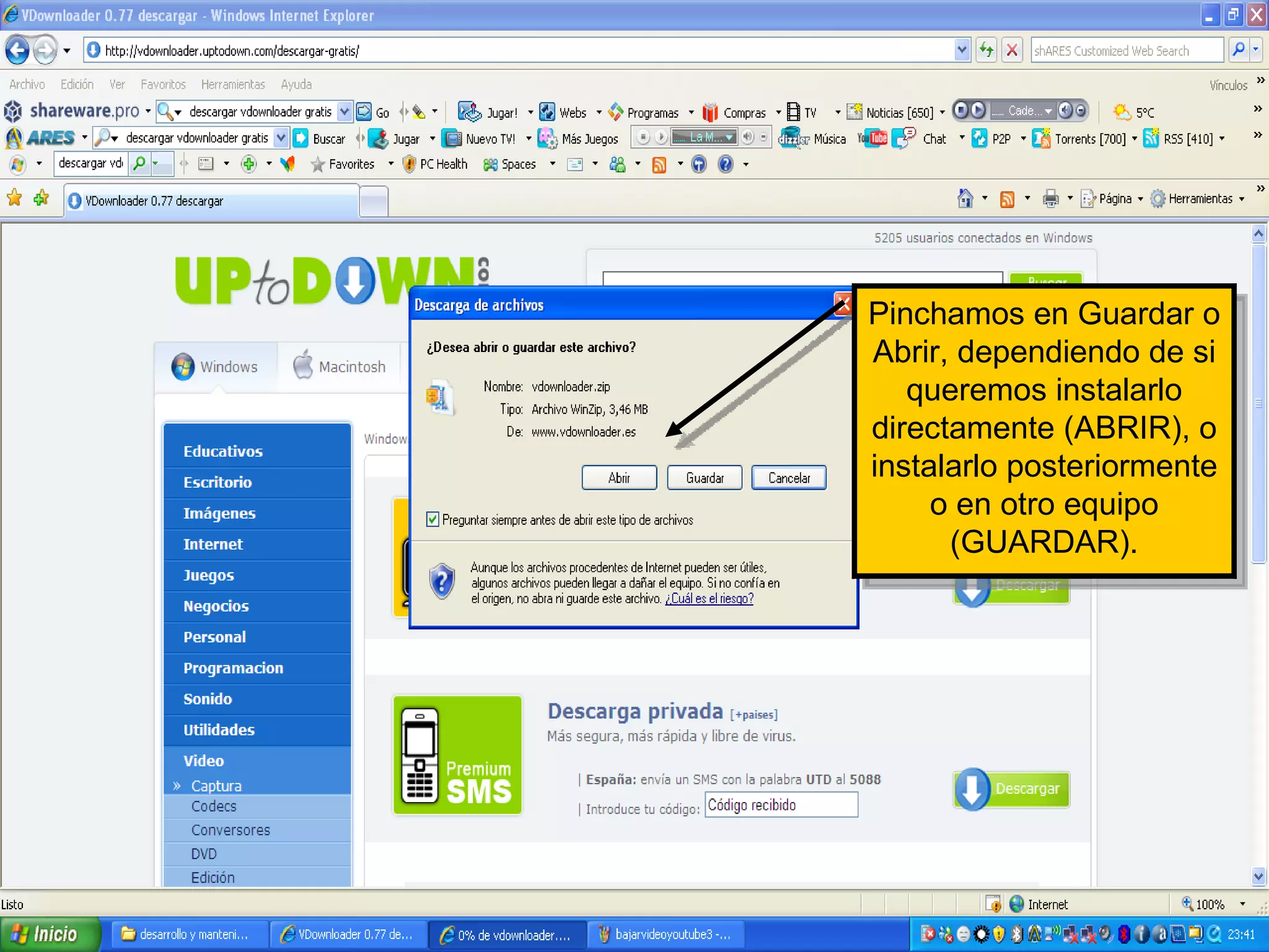 Pinchamos en Guardar o Abrir, dependiendo de si queremos instalarlo directamente (ABRIR), o instalarlo posteriormente o en otro equipo (GUARDAR). 
