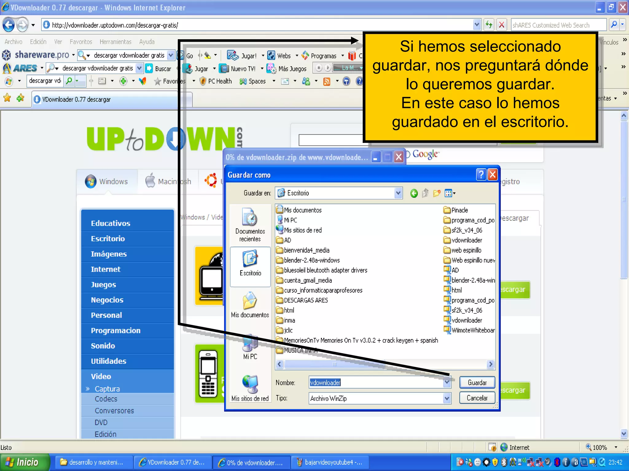 Si hemos seleccionado guardar, nos preguntará dónde lo queremos guardar. En este caso lo hemos guardado en el escritorio. 