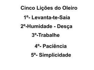 Cinco Lições do Oleiro
1º- Levanta-te-Saia
2º-Humidade - Desça
3º-Trabalhe
4º- Paciência
5º- Simplicidade
 