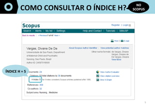 5	
  
COMO	
  CONSULTAR	
  O	
  ÍNDICE	
  H?	
  
NO	
  
SCOPUS	
  
	
  	
  
ÍNDICE	
  H	
  =	
  5	
  
 