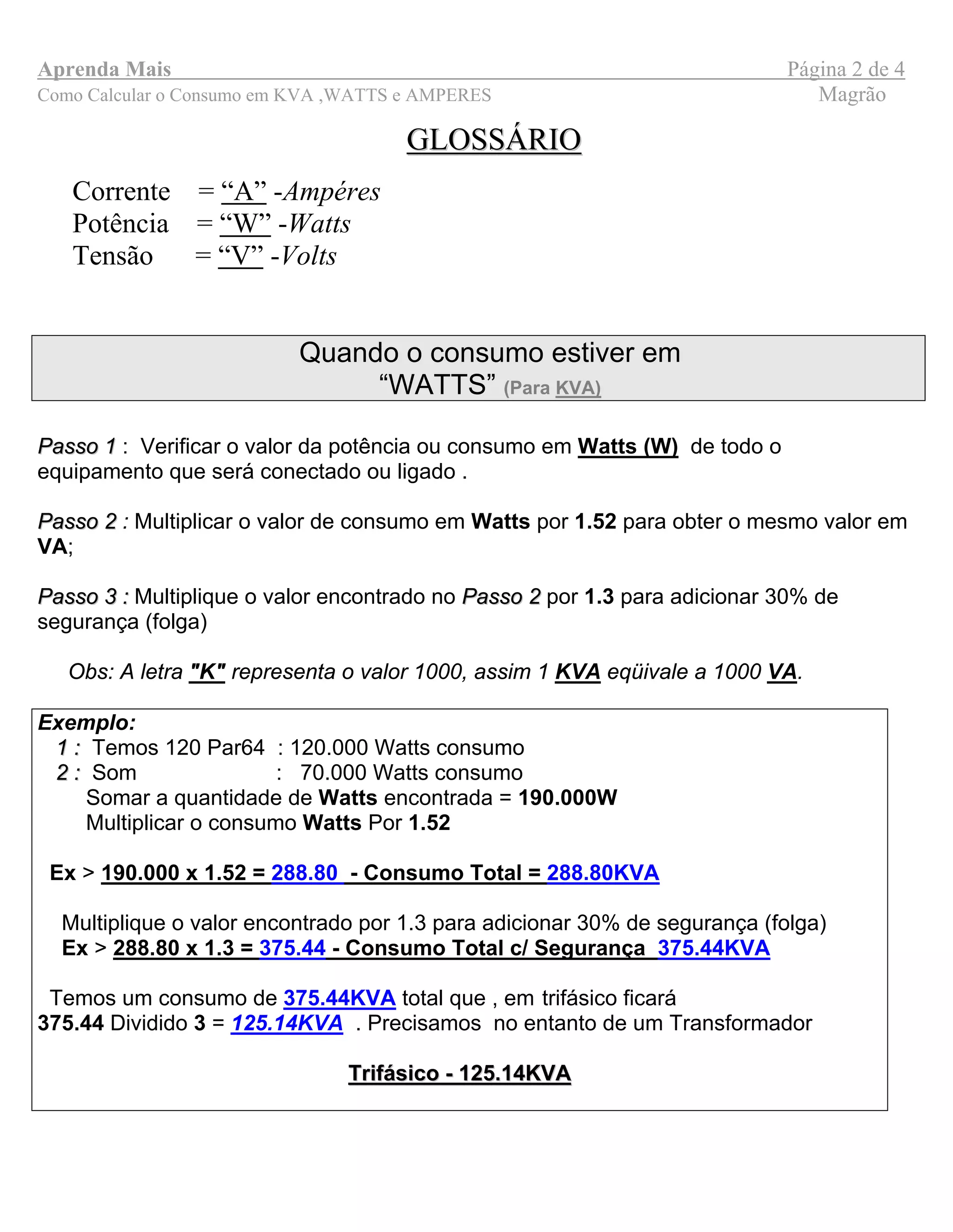Como calcular o consumo em kva ,watts e amperes | PDF