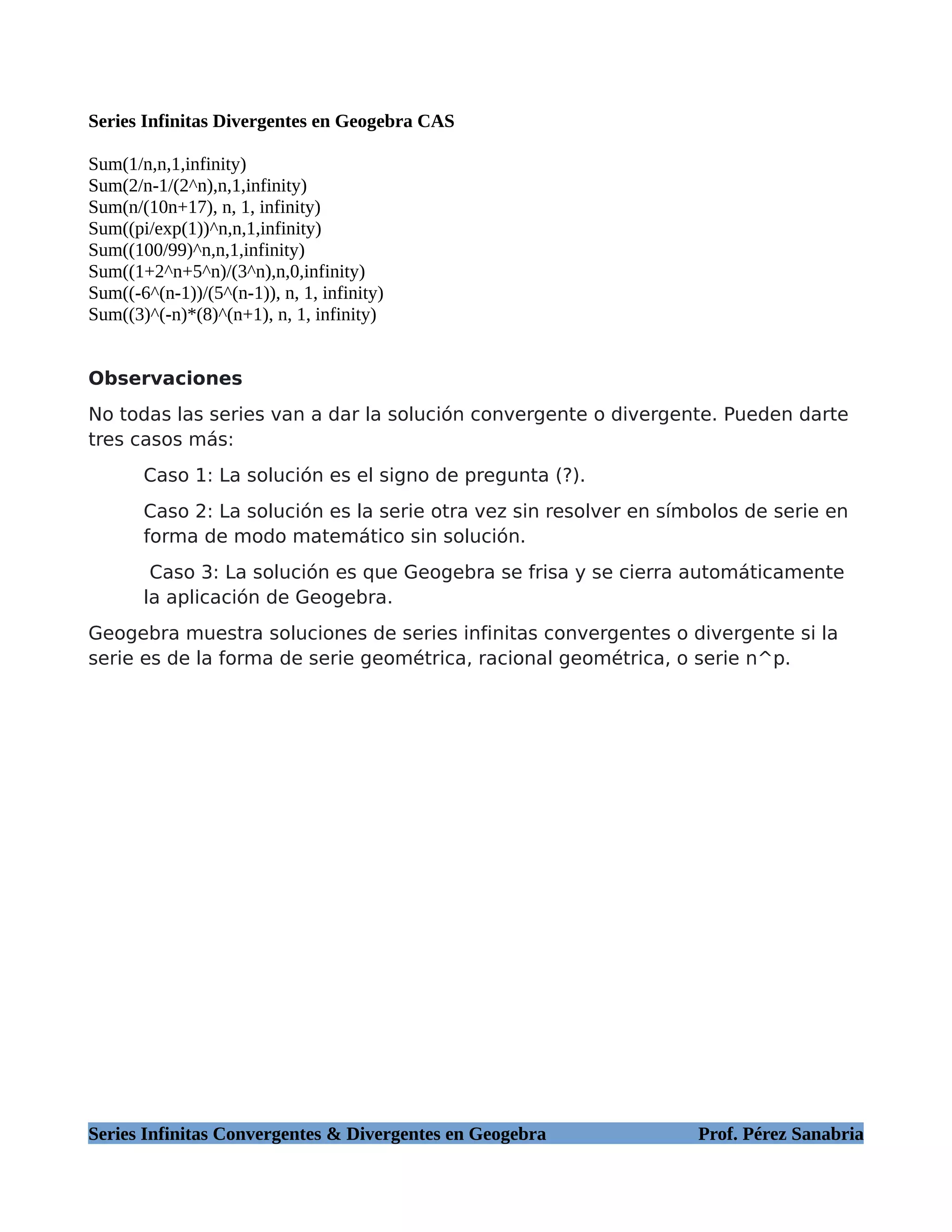 Series Infinitas Convergentes y Divergentes en Geogebra CAS | PDF