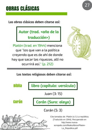 OBRAS CLÁSICAS
Las obras clásicas deben citarse así:
Platón (trad. en 1944) menciona
que "los que van a la política
creyendo que es de ahí de donde
hay que sacar las riquezas, allí no
ocurrirá así." (p. 212)
Autor (trad. <año de la
traducción>)
Los textos religiosos deben citarse así:
Biblia
Corán
Juan (3: 15)
libro (capítulo: versículo)
Corán (5: 3)
Corán (Sura: aleya)
27
Cita tomadas de: Platón (s.f.) La república.
[Traducido en 1944]. Recuperado en
http://www.nueva-
acropolis.com/filiales/libros/Platon-
La_Republica.pdf
 